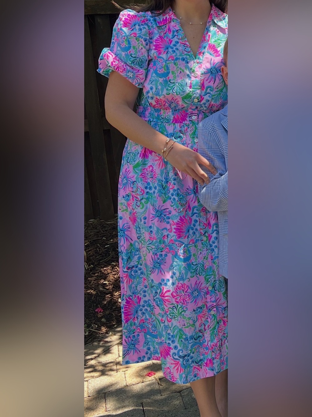 Lilly Pulitzer Pink, Green & Blue Floral Puff-Sleeve Midi Dress - Picture 2 of 4